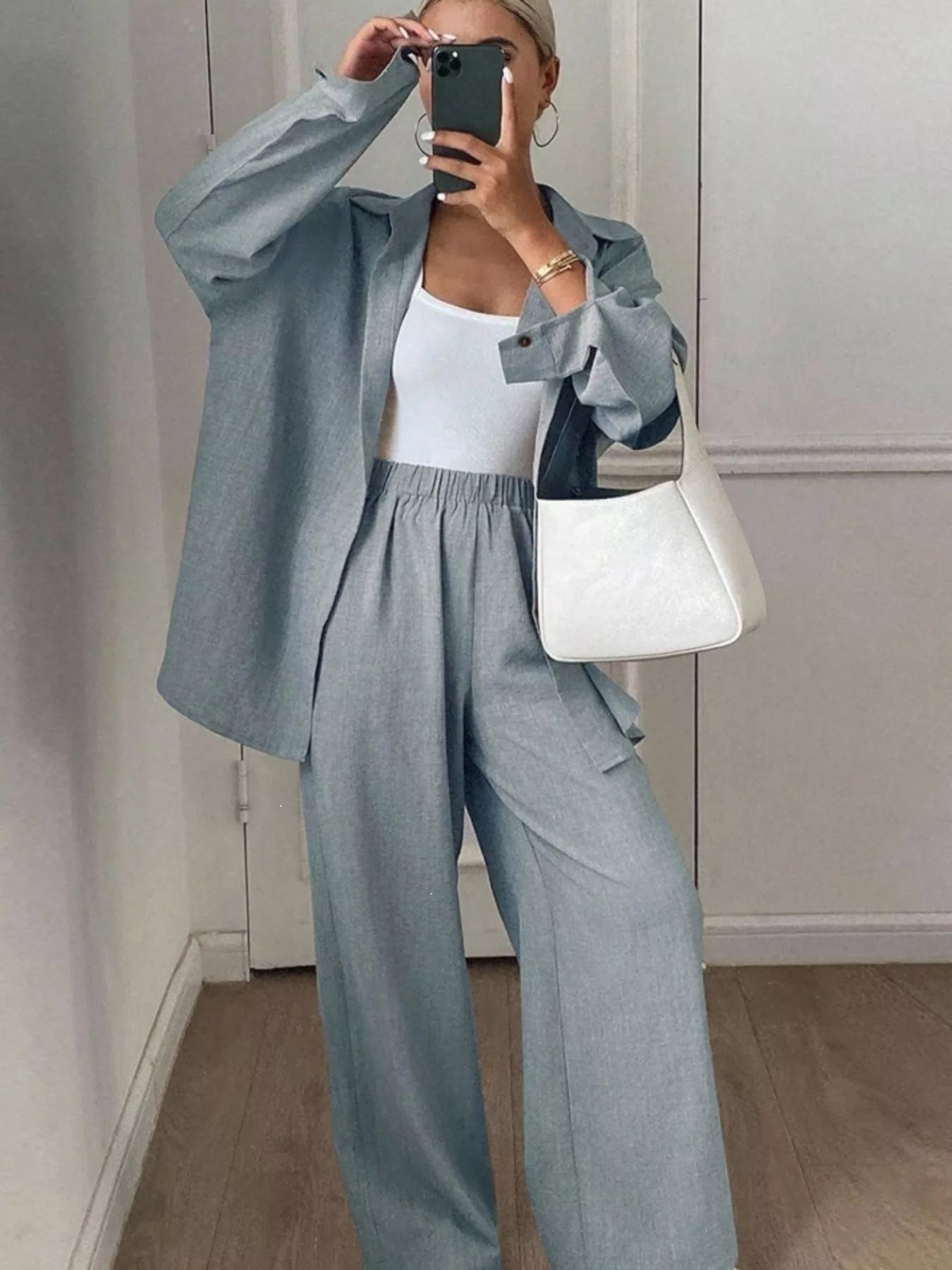 Button-Down Shirt and Wide-Leg Pants Set