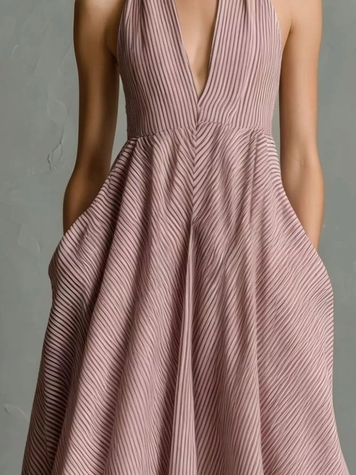 Full Size Striped Halter Neck Maxi Dress with Pockets Plus Size