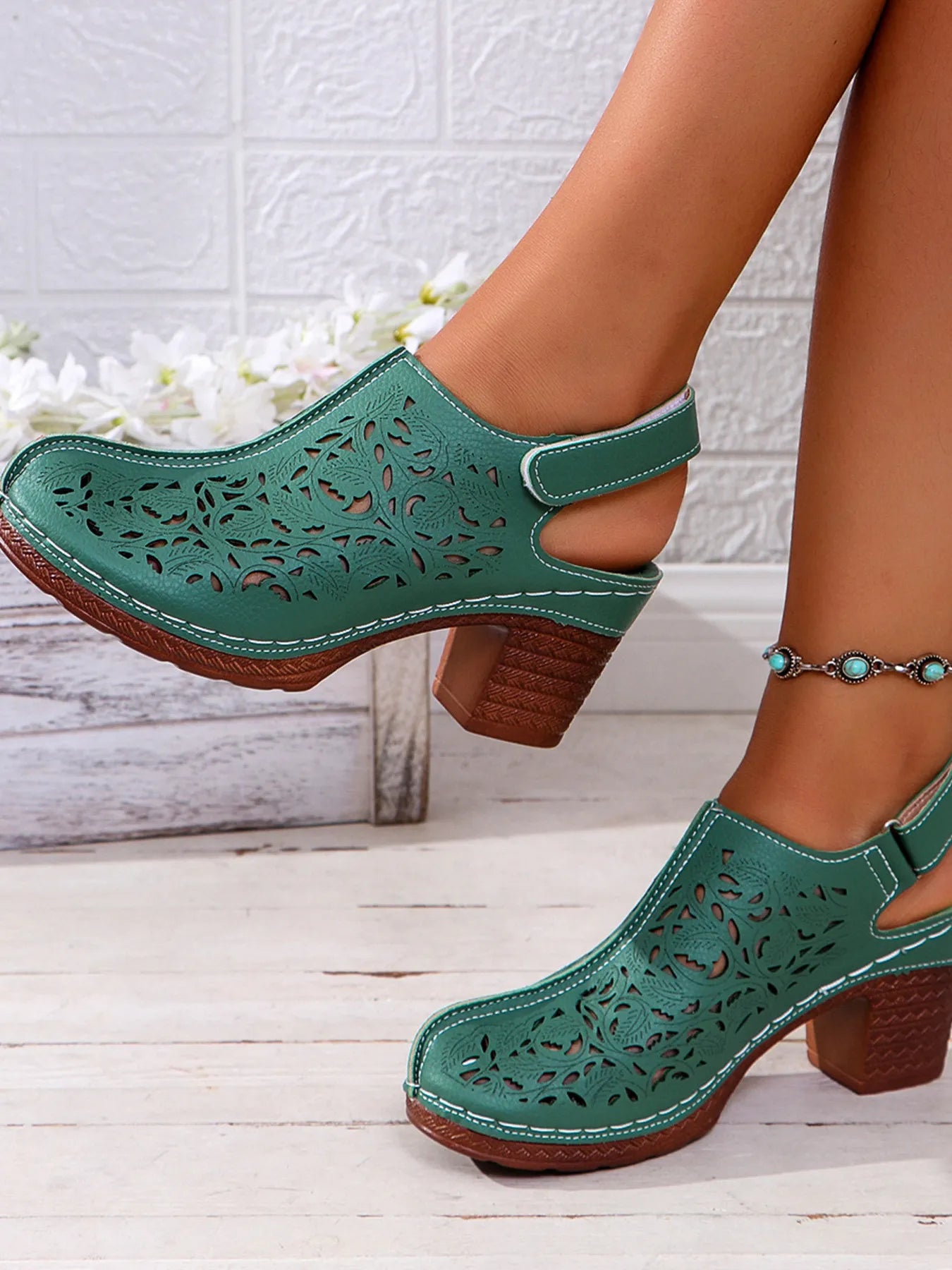 Cutout Block Heel Slingback Sandals