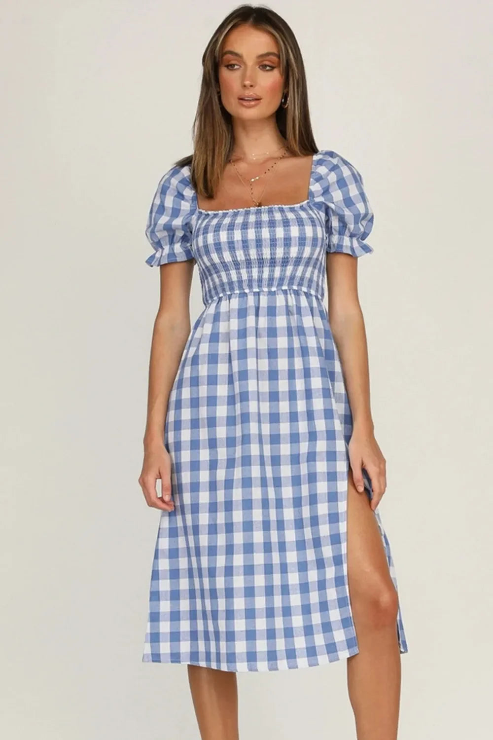 Full Size Slit Plaid Short Sleeve Midi Dress