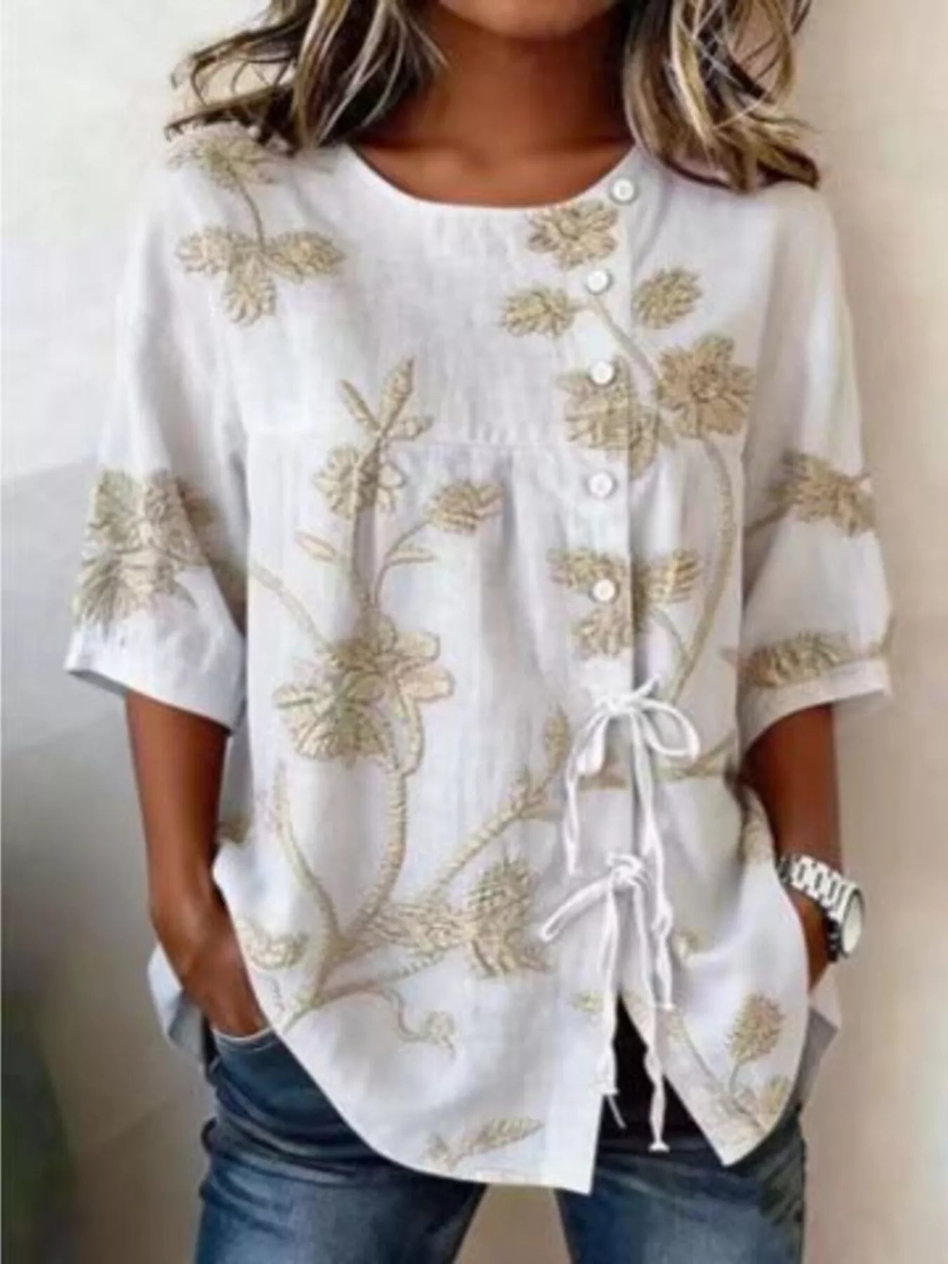 Full Size Embroidered Floral Tie Front Shirt Plus Size