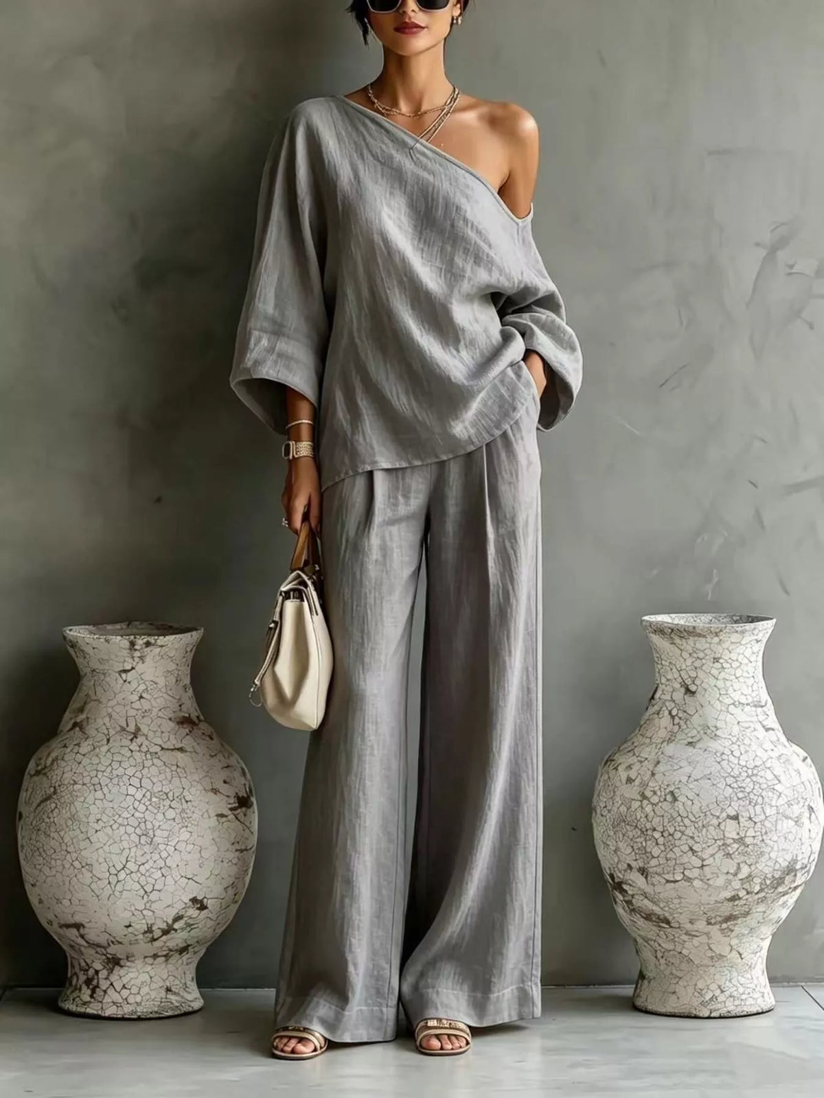 One Shoulder Top and Wide Leg Pants Set
