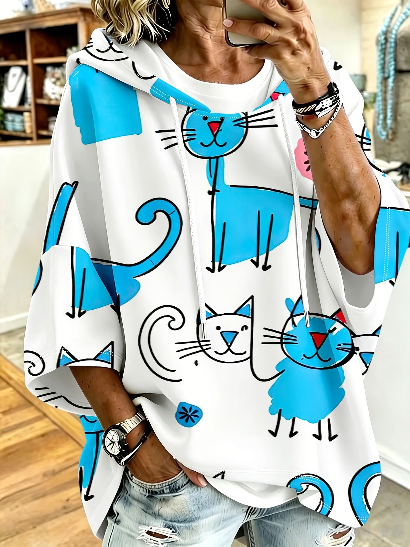 Cartoon Cat Print Hoodie with 3/4 Sleeves & Drawstring