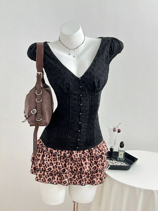 Lace V-Neck Cap Sleeve Blouse