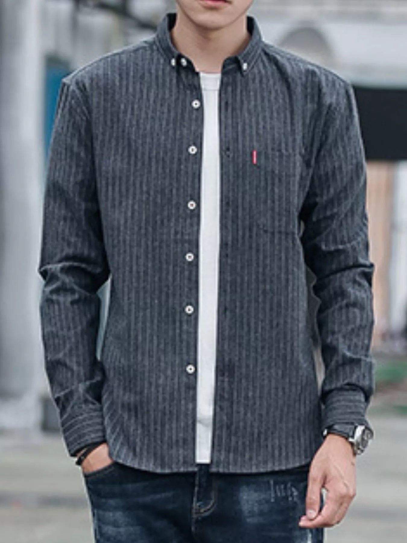 Men's Full Size Fleece Lined Striped Shirt Plus Size
