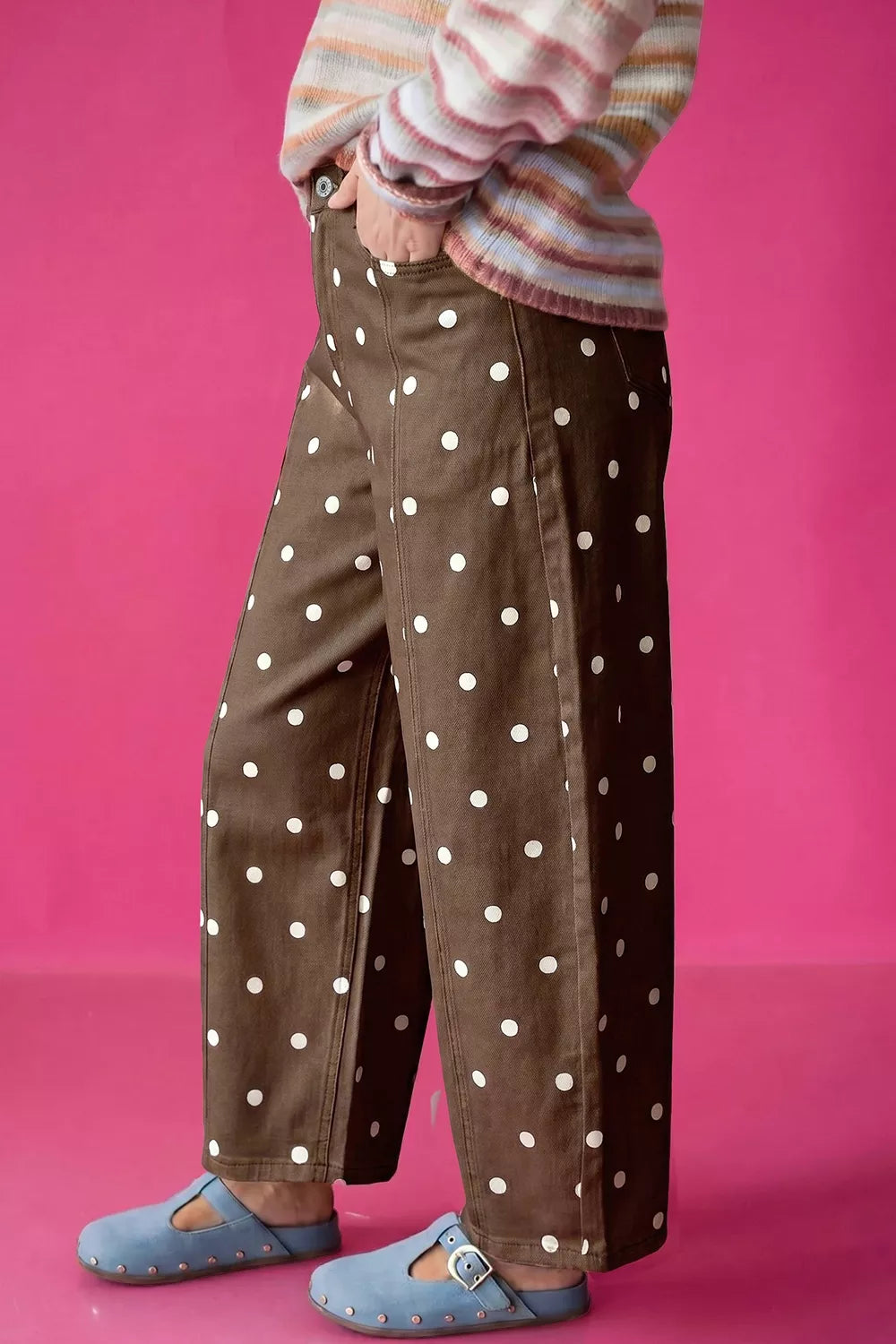 Tailored Seam Polka Dot Print Barrel Casual Jeans
