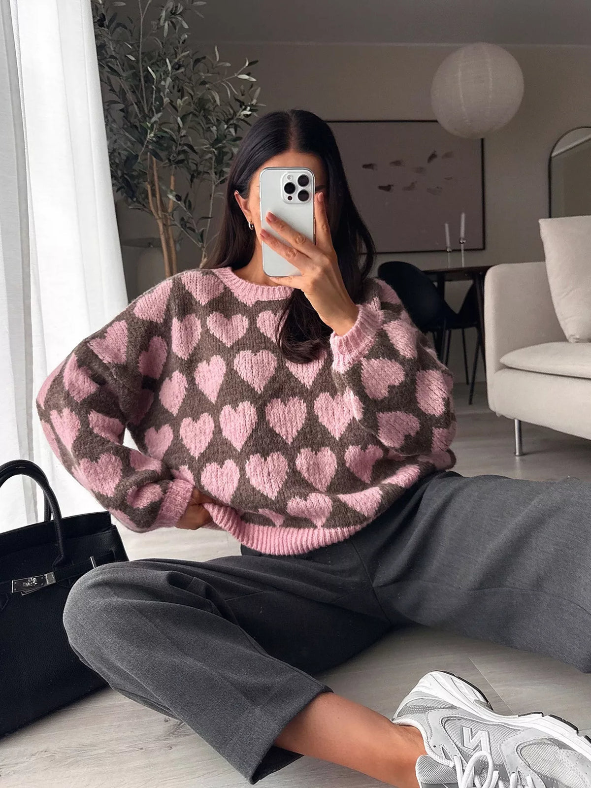 Heart Pattern Dropped Shoulder Sweater