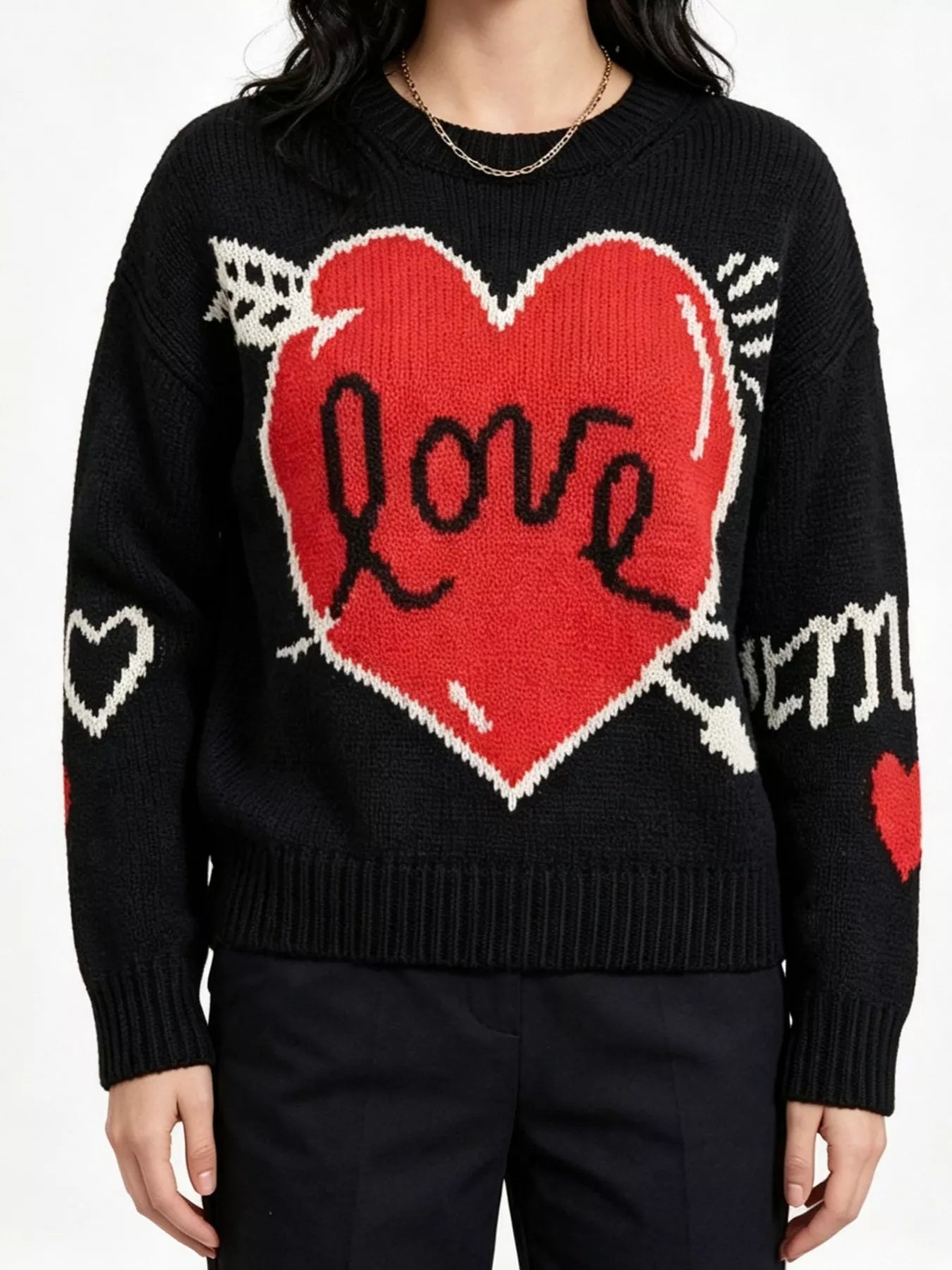 Heart Round Neck Ribbed Sweater
