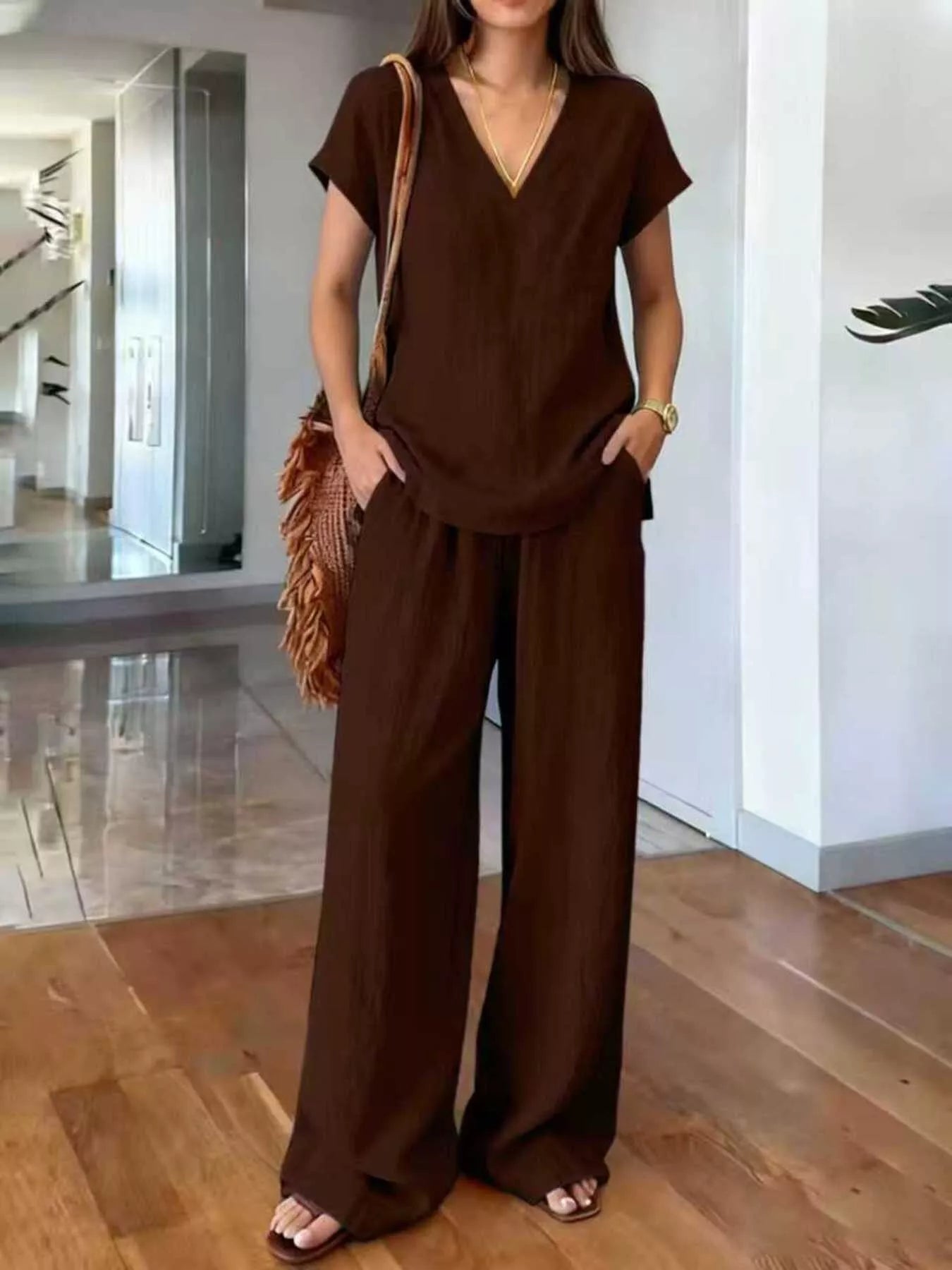 Full Size V-Neck Short Sleeve Top and Pants Set Plus Size