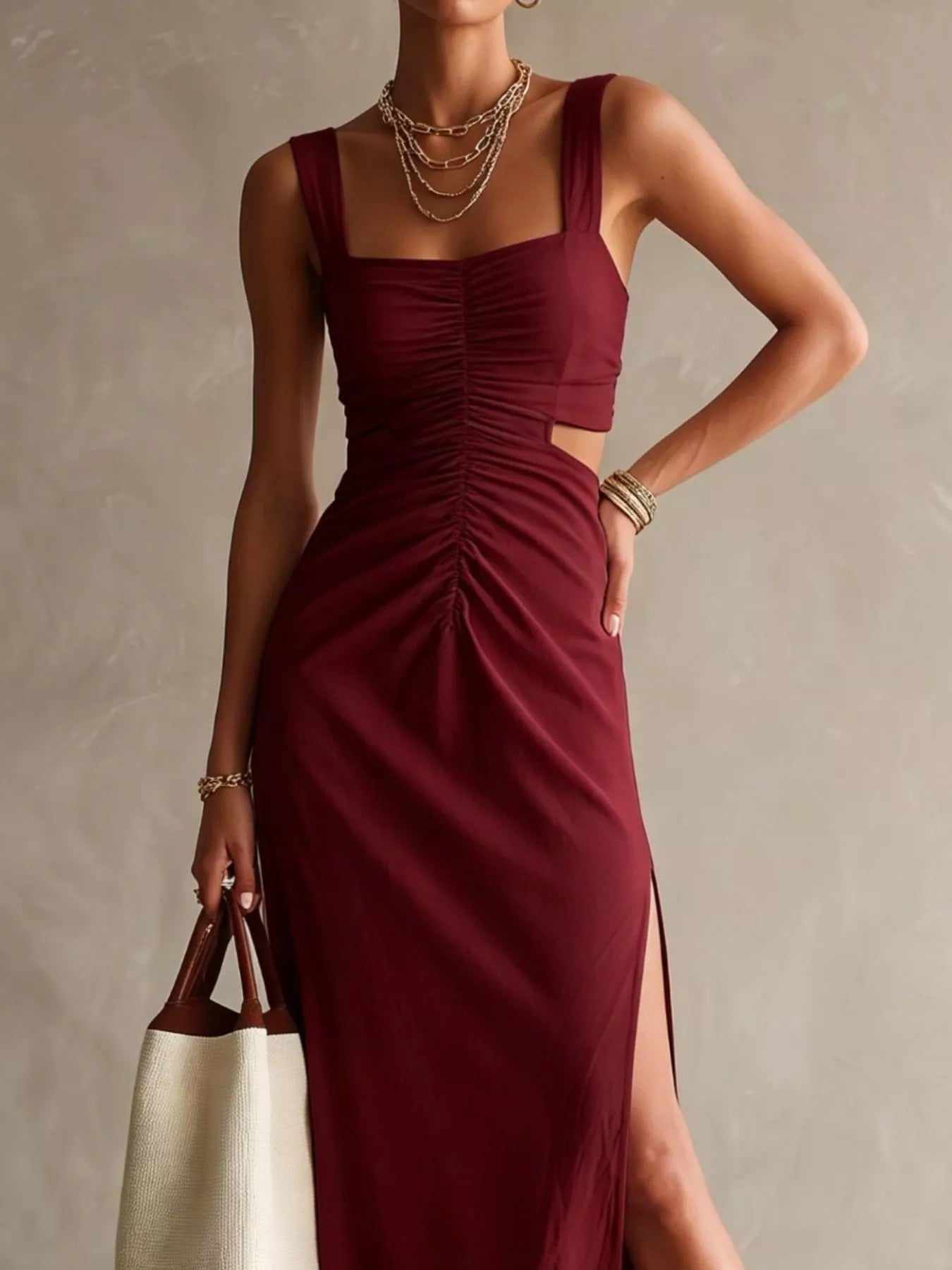 Ruched Cut-Out Midi Dress
