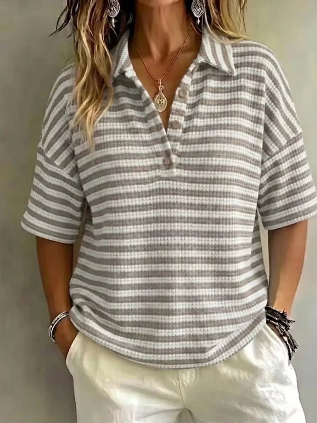 Full Size Contrast Striped Knit Polo Shirt Plus Size