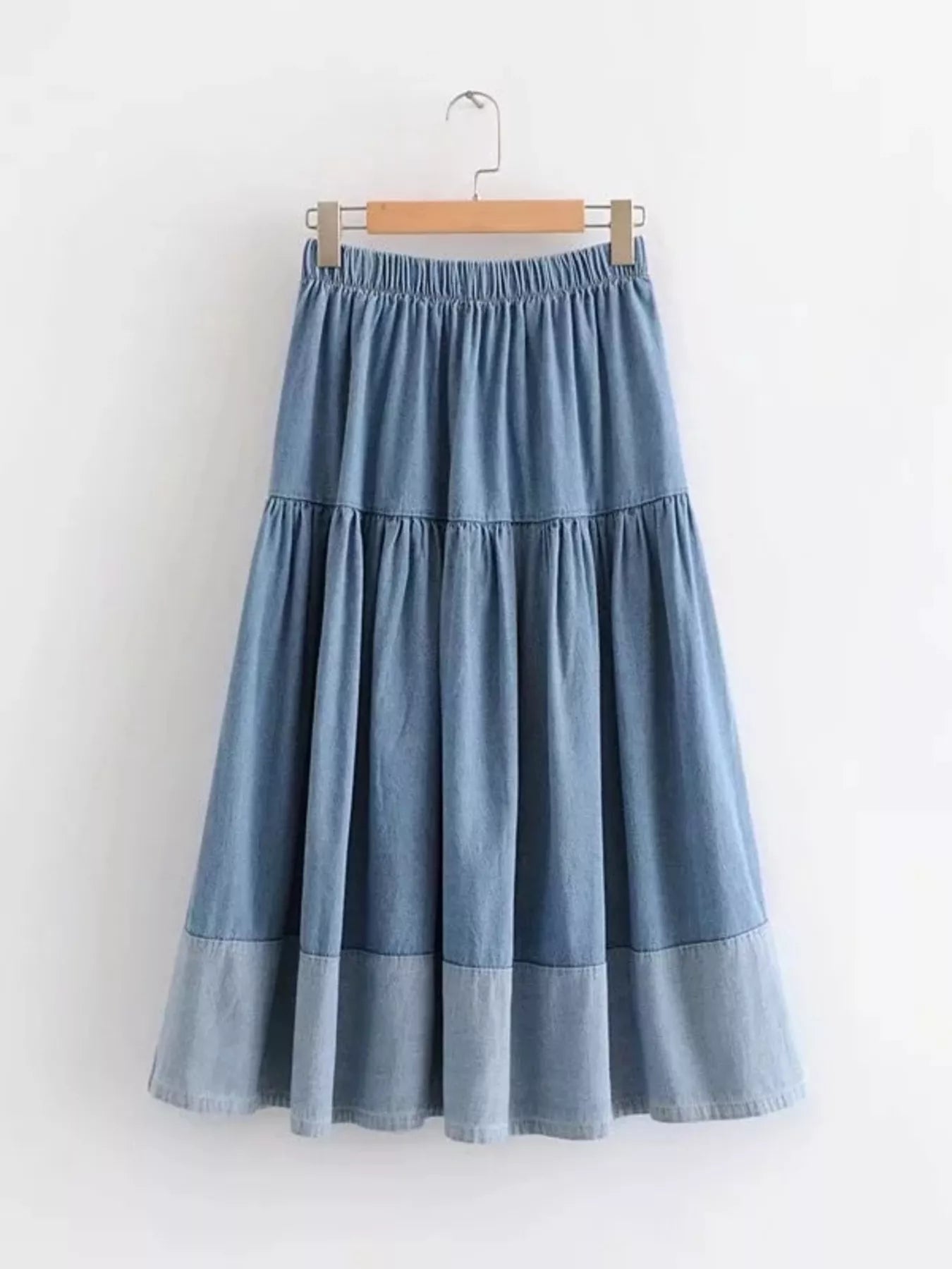 Tiered Denim Midi Skirt