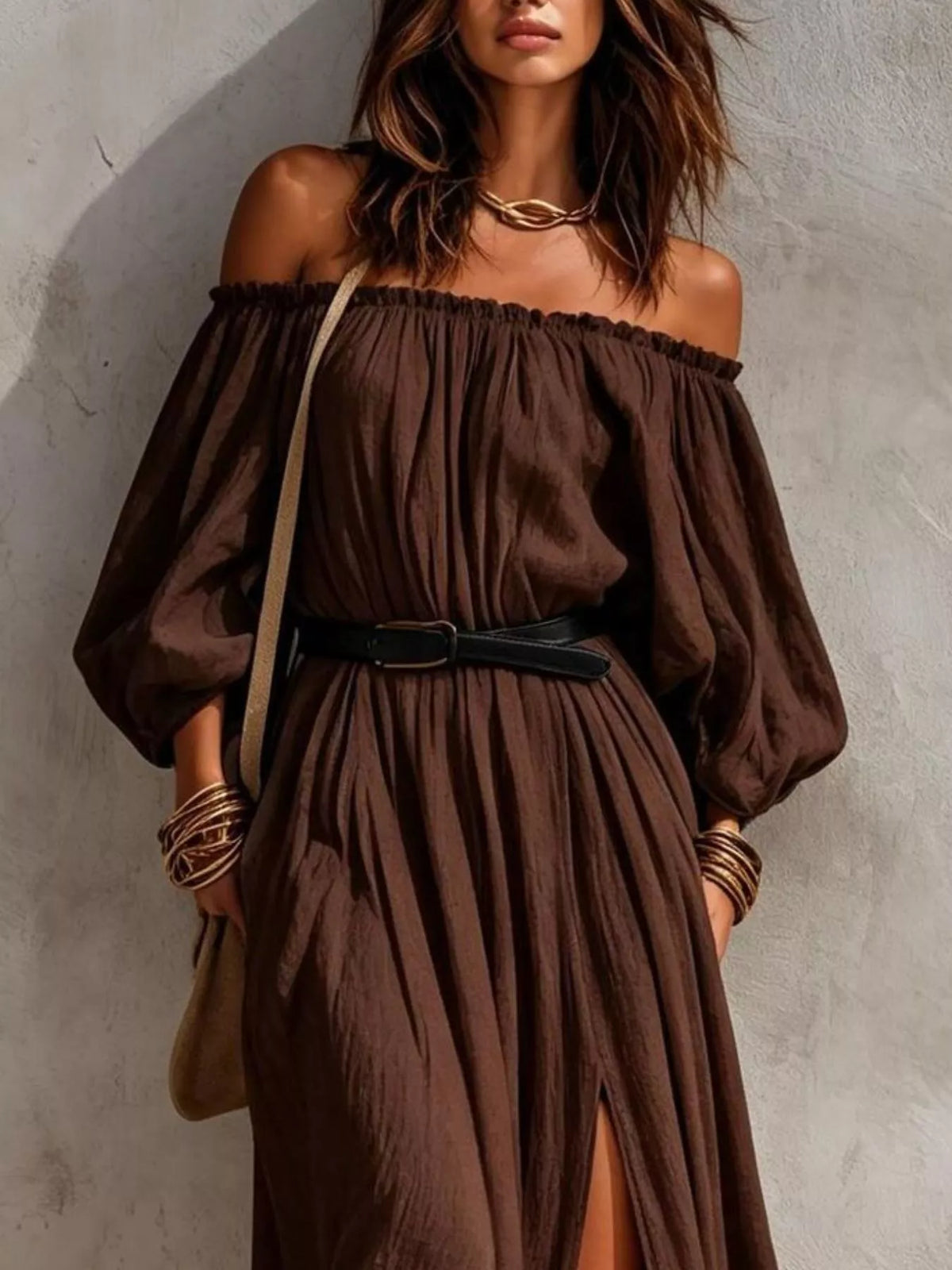 Boho Off-Shoulder Maxi Dress with Side Slit