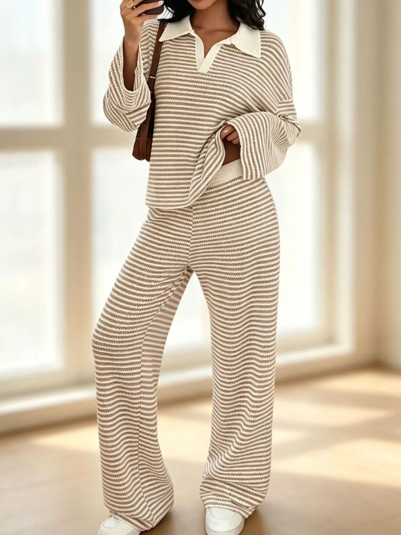 Striped Long Sleeve Polo and Wide-Leg Pants Set