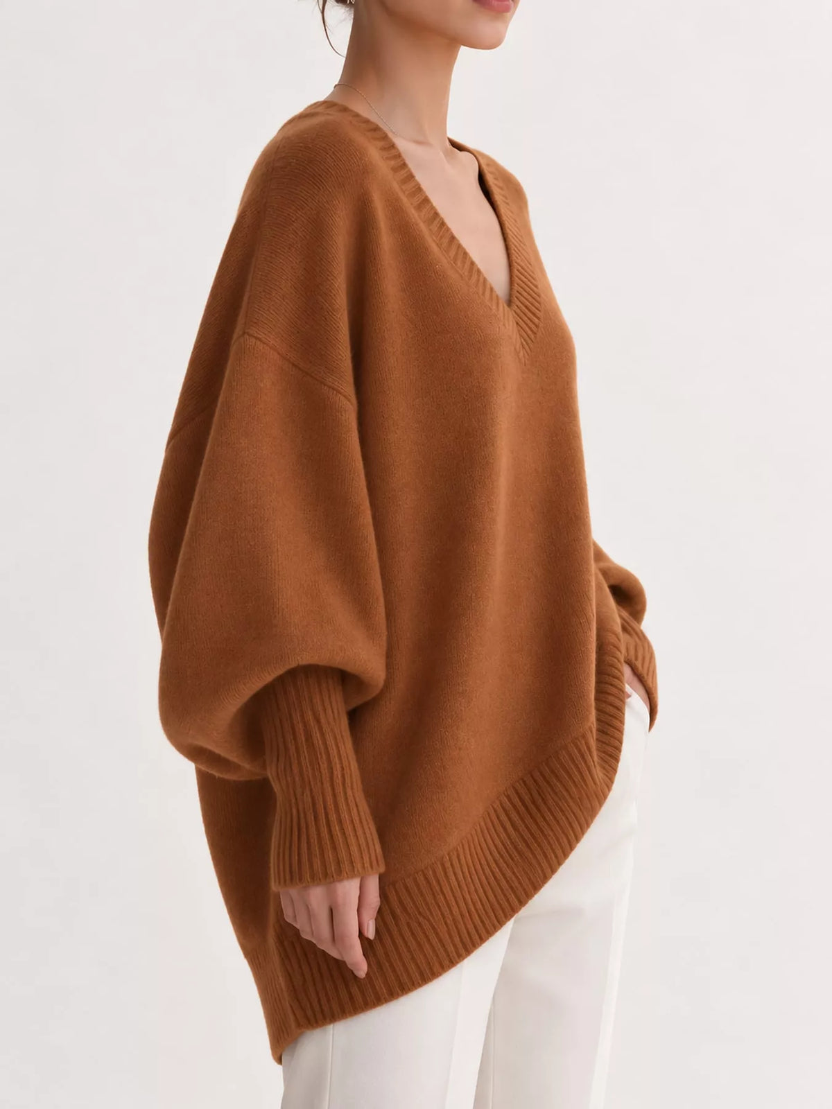Full Size V-Neck Oversized Batwing Sleeve Sweater Plus Size