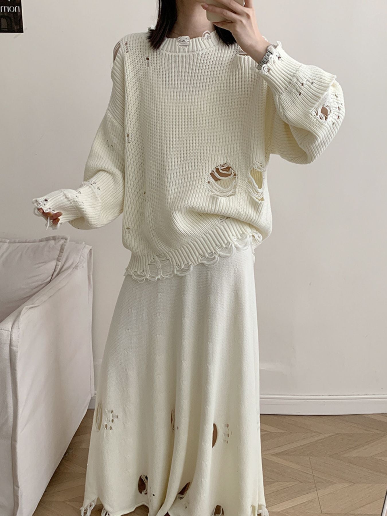 Distressed Long Sleeve Sweater and Skirt Set