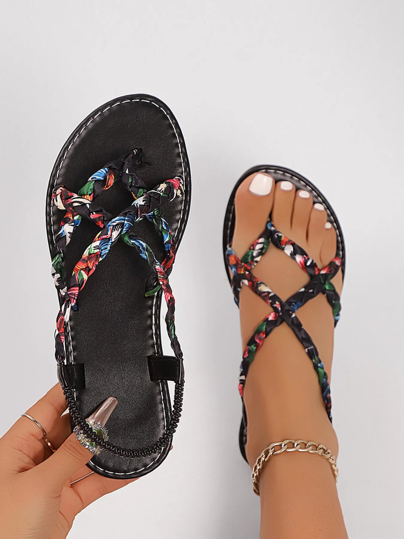 Floral Print Strappy Flat Sandals