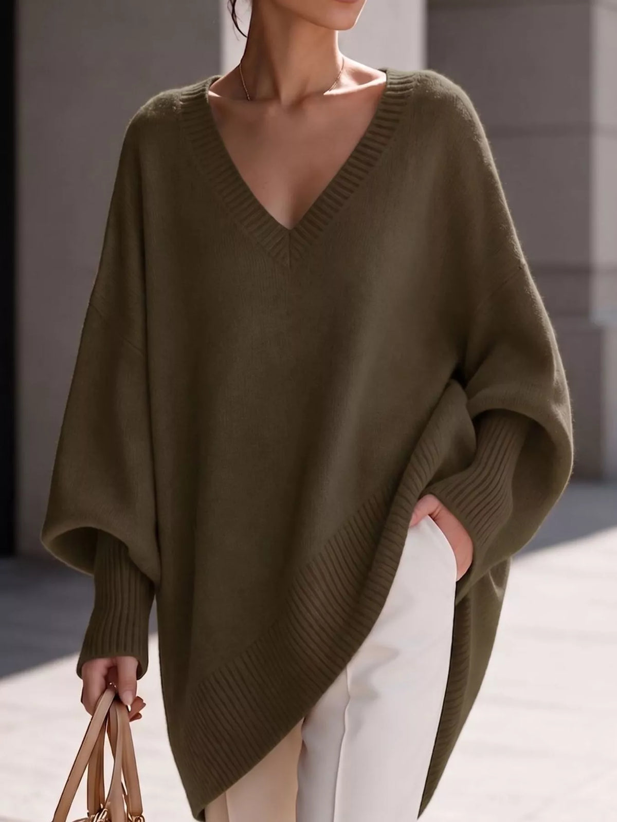 Full Size V-Neck Oversized Batwing Sleeve Sweater Plus Size