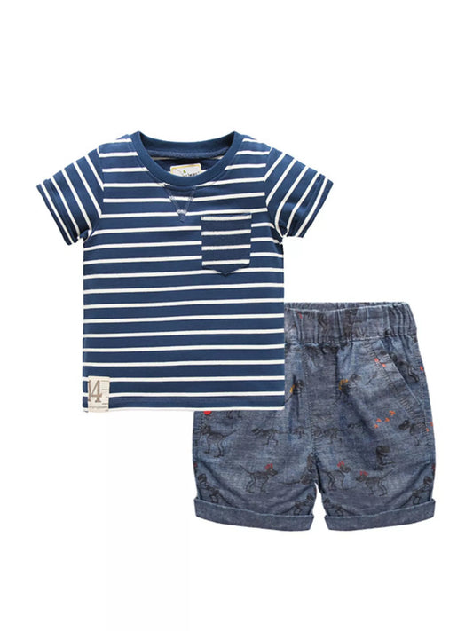 Children's Striped T-Shirt & Dinosaur Print Shorts Set