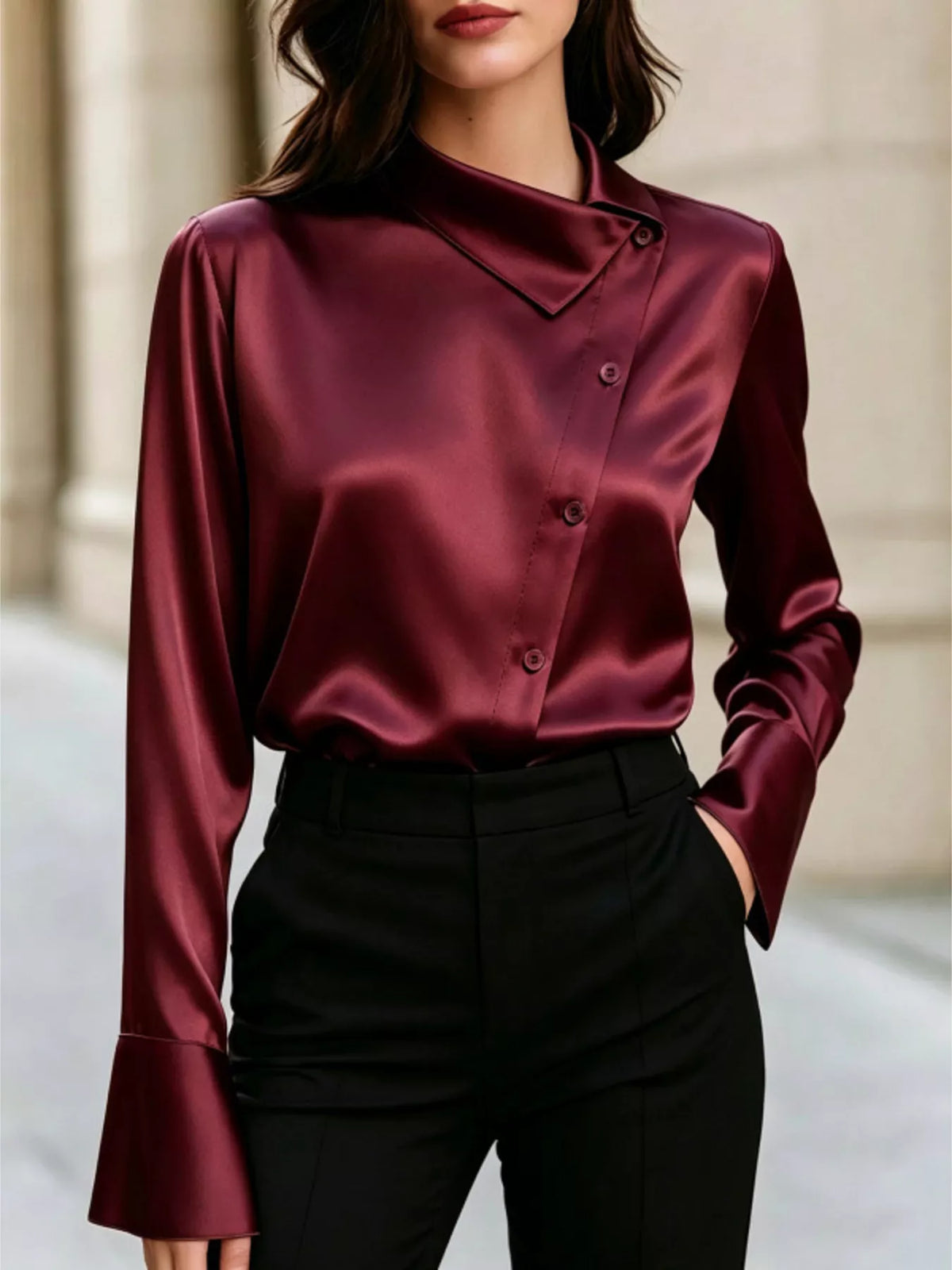 Asymmetric Collar Satin Blouse
