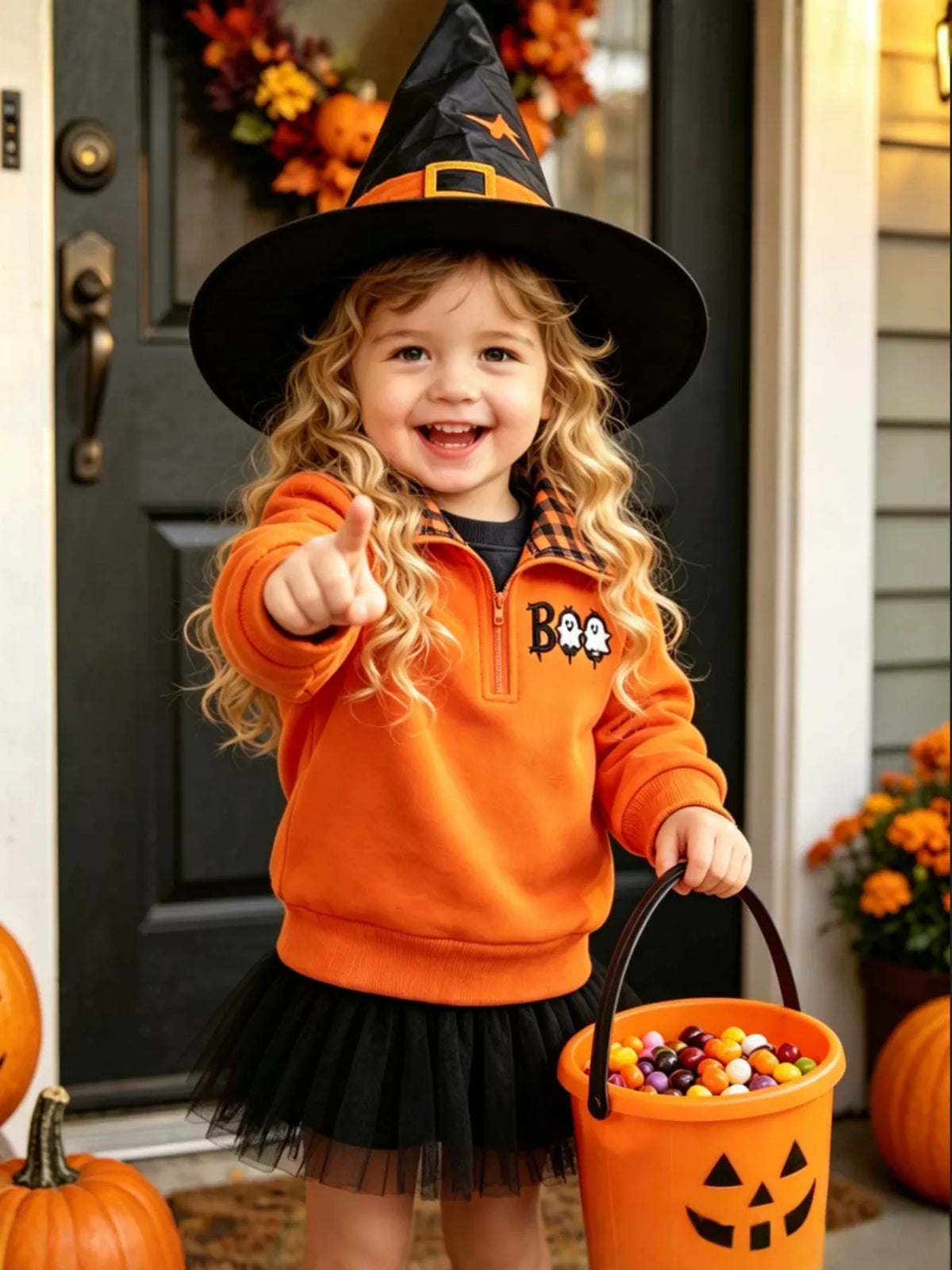 Children's Pumpkin Quarter-Zip Plaid Collar Sweatshirt