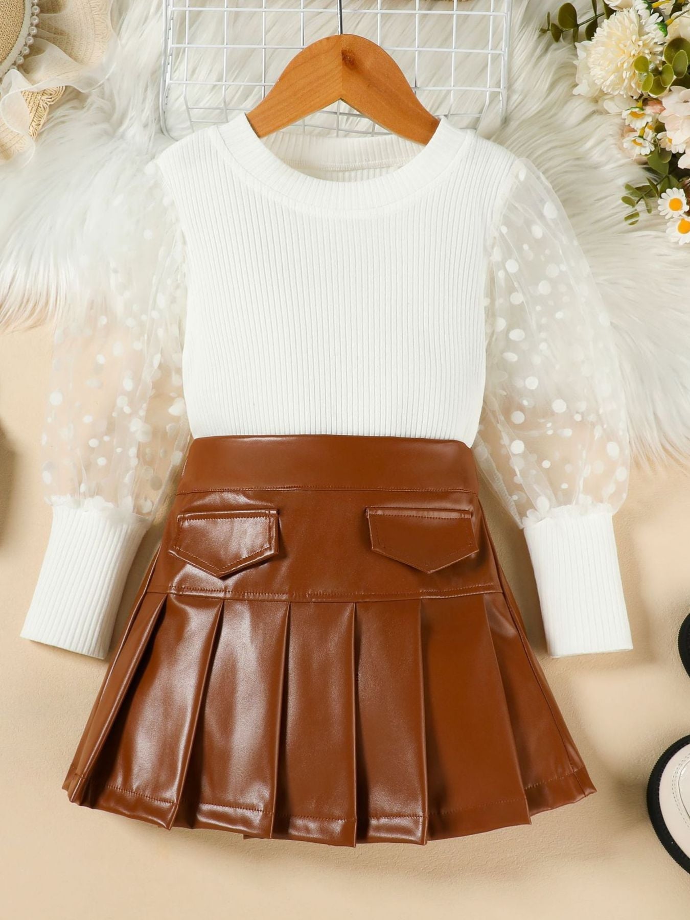 Children's Polka Dot Sleeve Top & Faux Leather Skirt Set