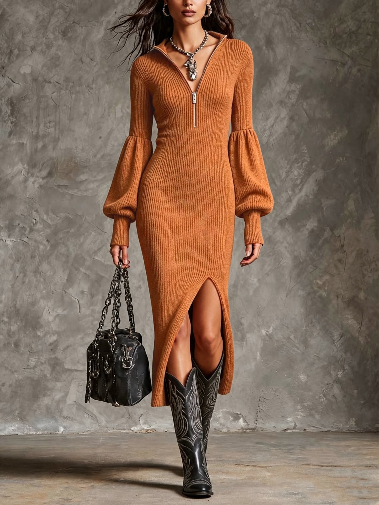 Women's Slim-Fit Ribbed Knit Midi Dress | Zip Collar & Lantern Sleeves