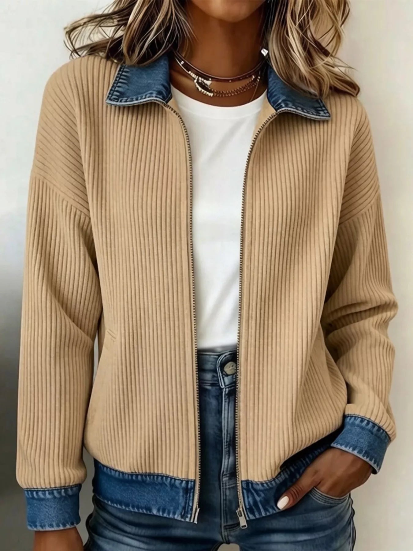 Contrast Denim Collar Ribbed Knit Jacket