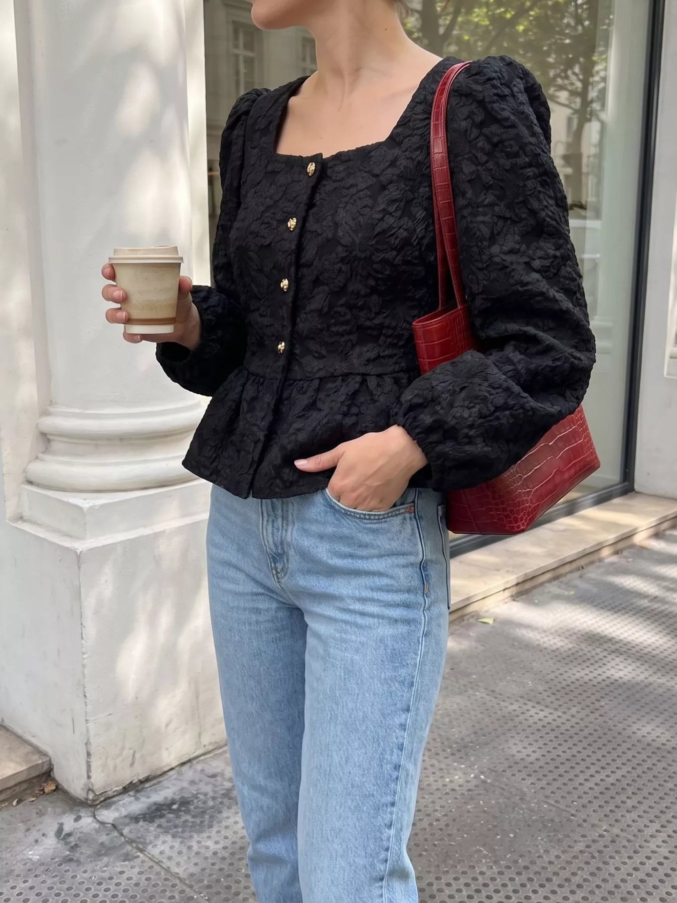 Square Neck Textured Peplum Blouse