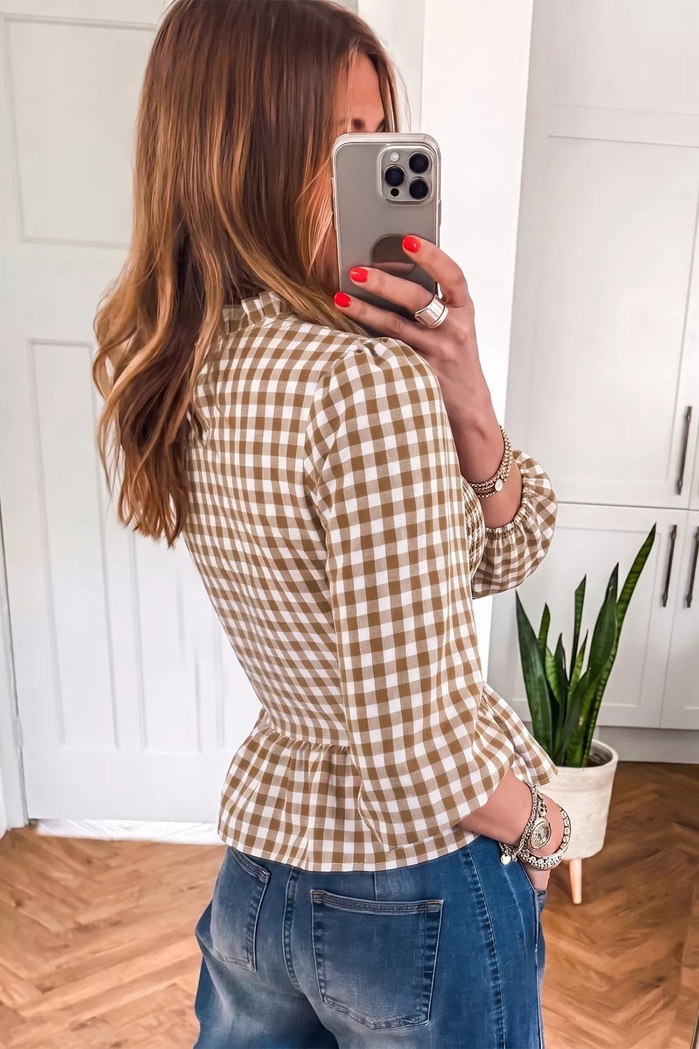 Gingham Smocked Ruffled Hem Blouse