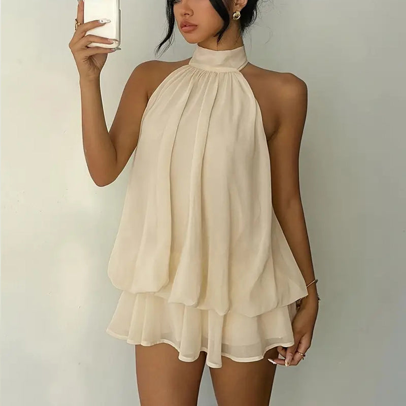 Women's Elegant Halter Mini Dress With Bow Tie Detail Ruffled Design Backless A-Line Summer Dress For Daily & Formal Wear (See size chart where applicable)