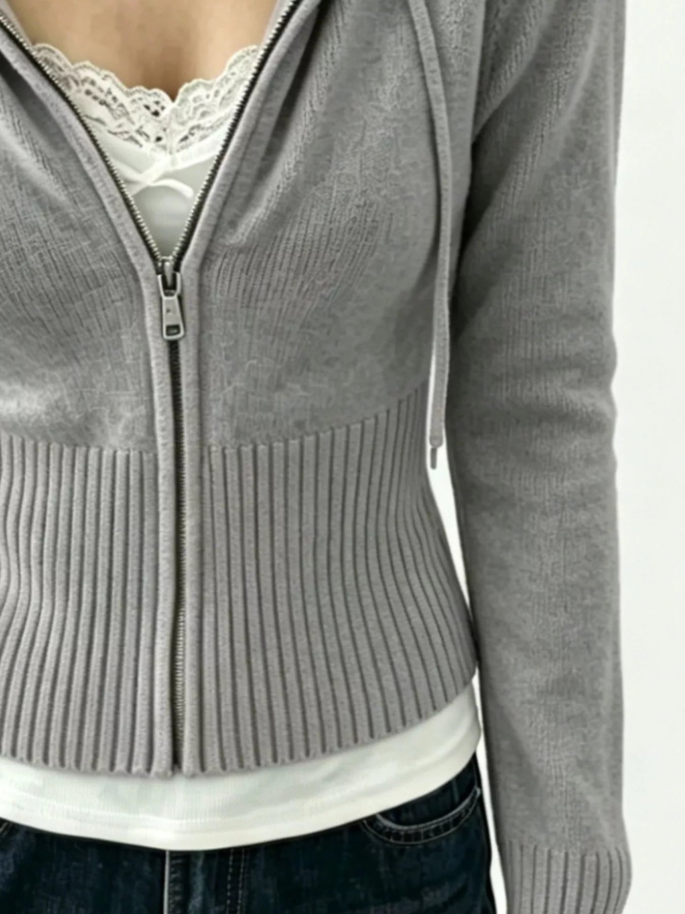 Zip-Up Cropped Hooded Cardigan