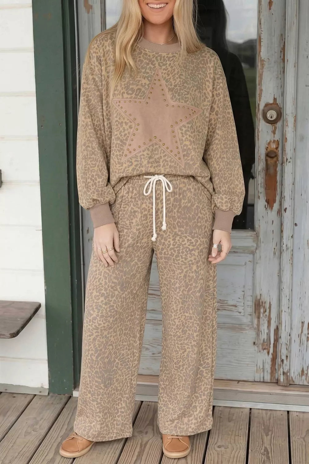 Leopard Print Star Embellished Sweatshirt and Pants Set
