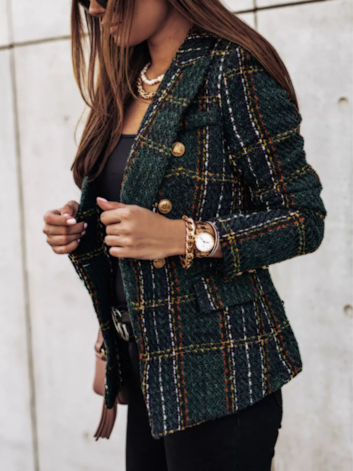 Full Size Plaid Tweed Double-Breasted Blazer Plus Size