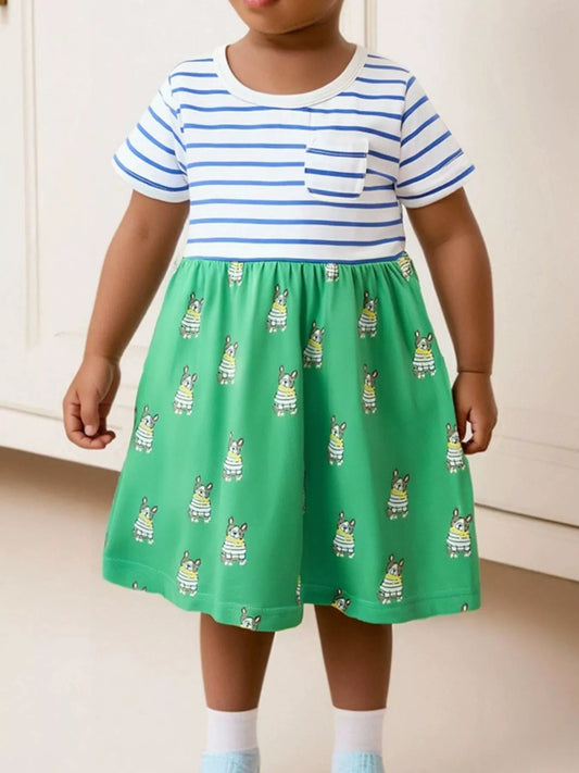 Children's Striped Dog Print Short Sleeve Dress