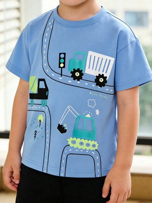 Children's Cartoon Construction Vehicle Print Short Sleeve T-Shirt
