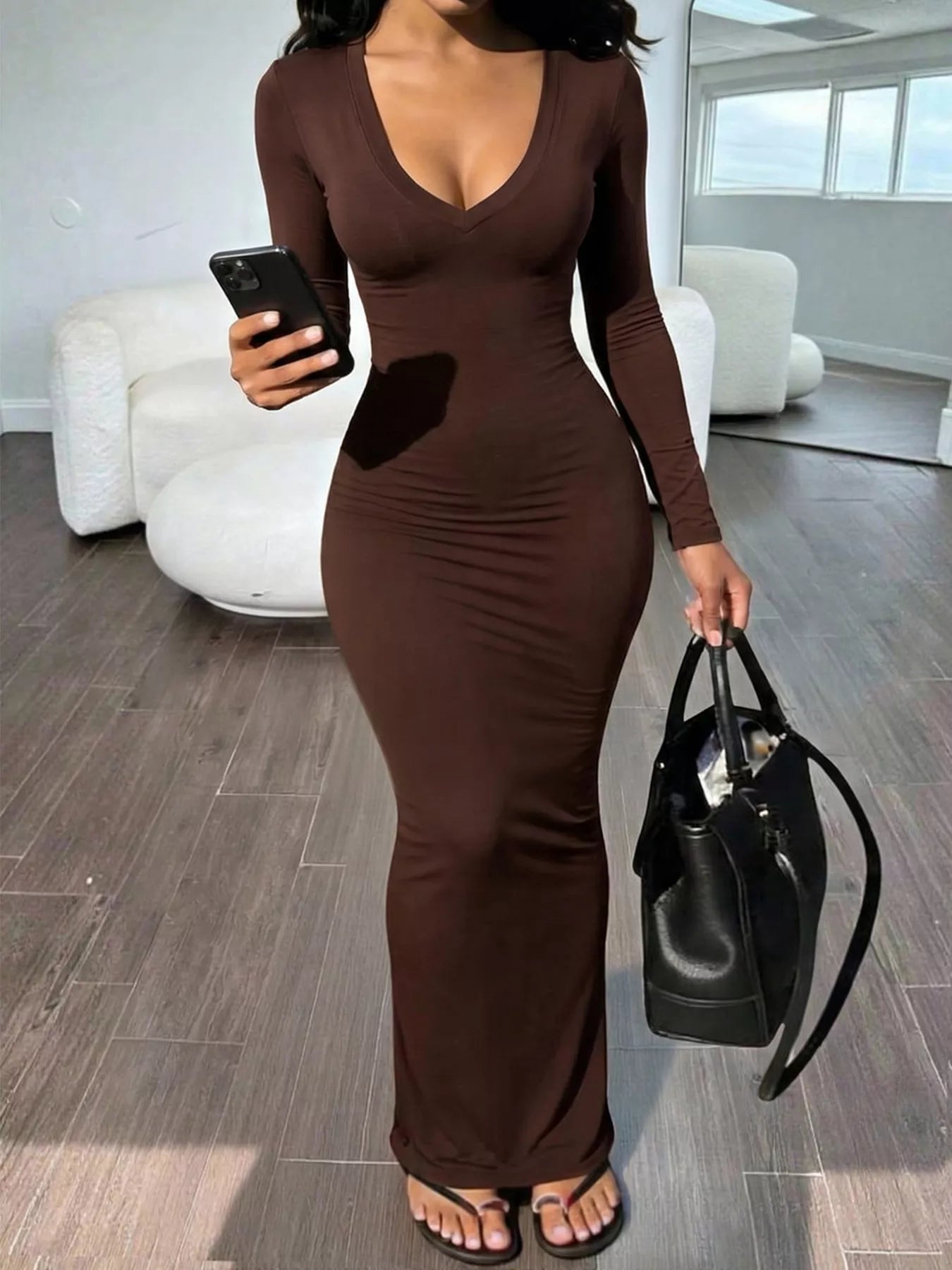 Long Sleeve V-Neck Ruched Maxi Dress