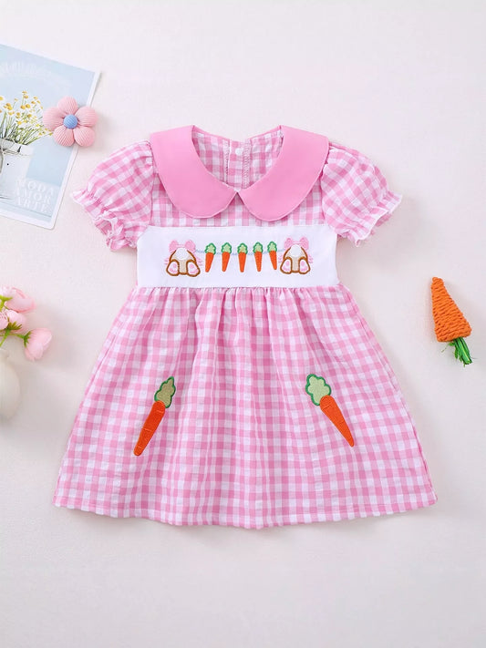 Children's Gingham Bunny & Carrot Embroidered Peter Pan Collar Smocked Dress