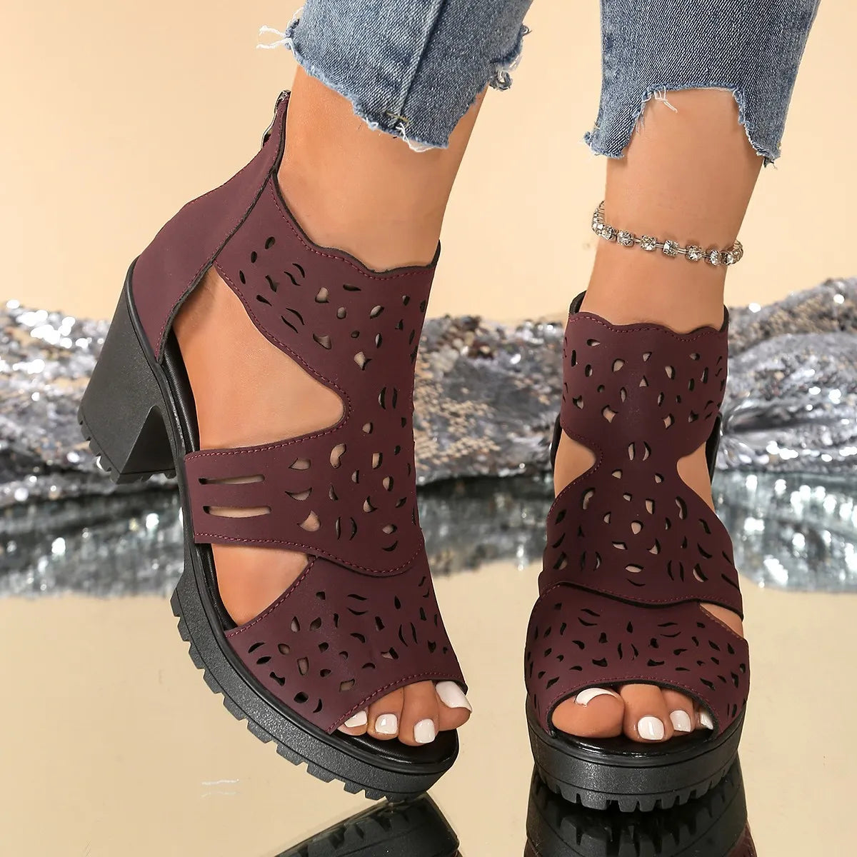 Cutout Block Heels Sandals