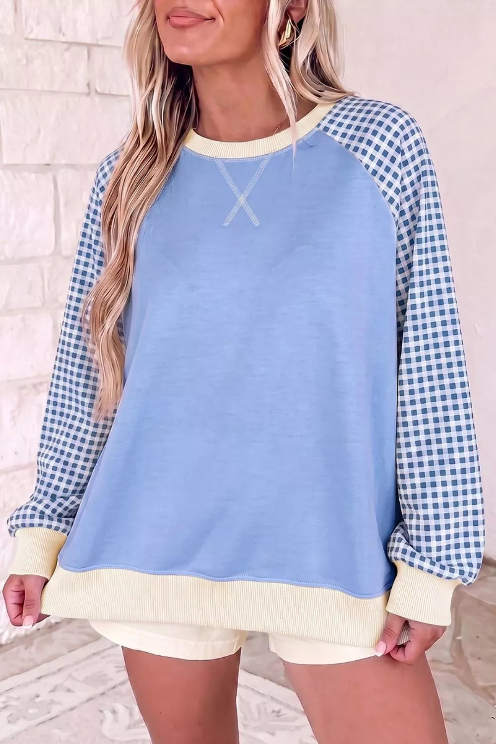 Plaid Raglan Sleeve Round Neck Sweatshirt