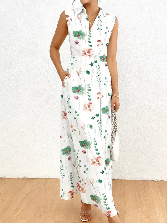 Floral Print Sleeveless Maxi Shirt Dress