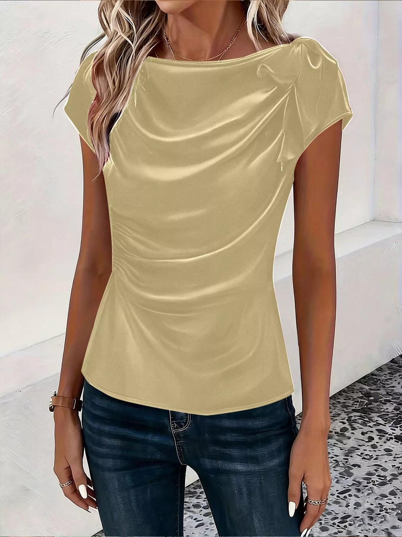 Ruched Short Sleeve Satin Top
