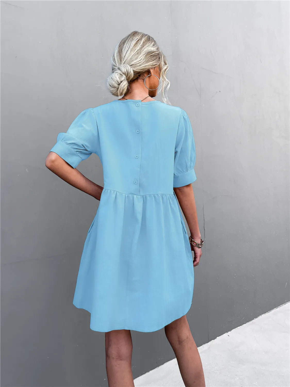 Round Neck Puff Sleeve Mini Dress