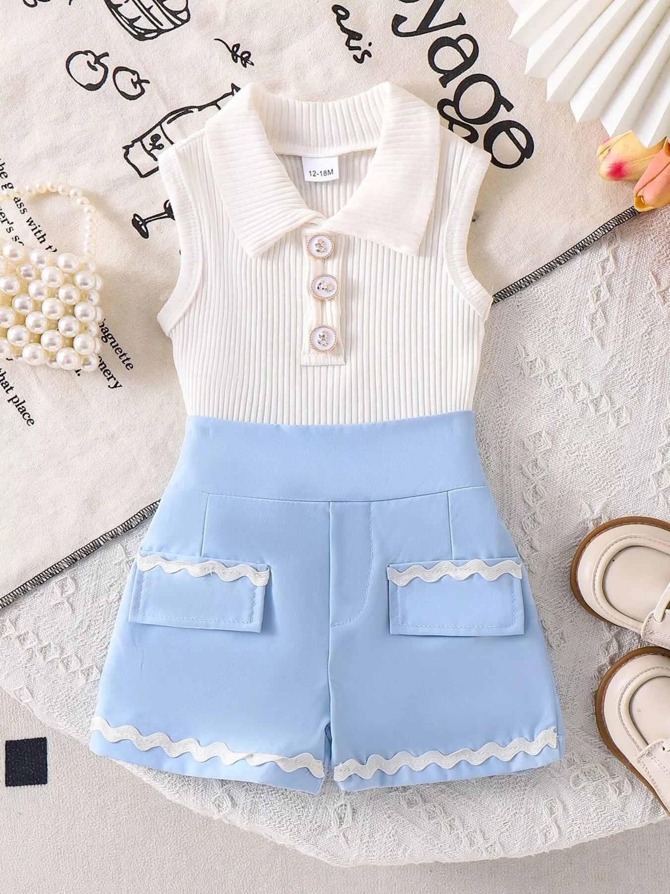 Children's Ribbed Knit Polo Top and Scalloped Pocket Shorts Set