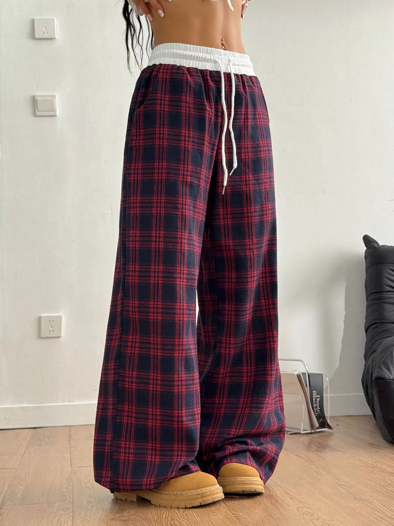 Plaid Wide-Leg Pants with Elastic Waistband