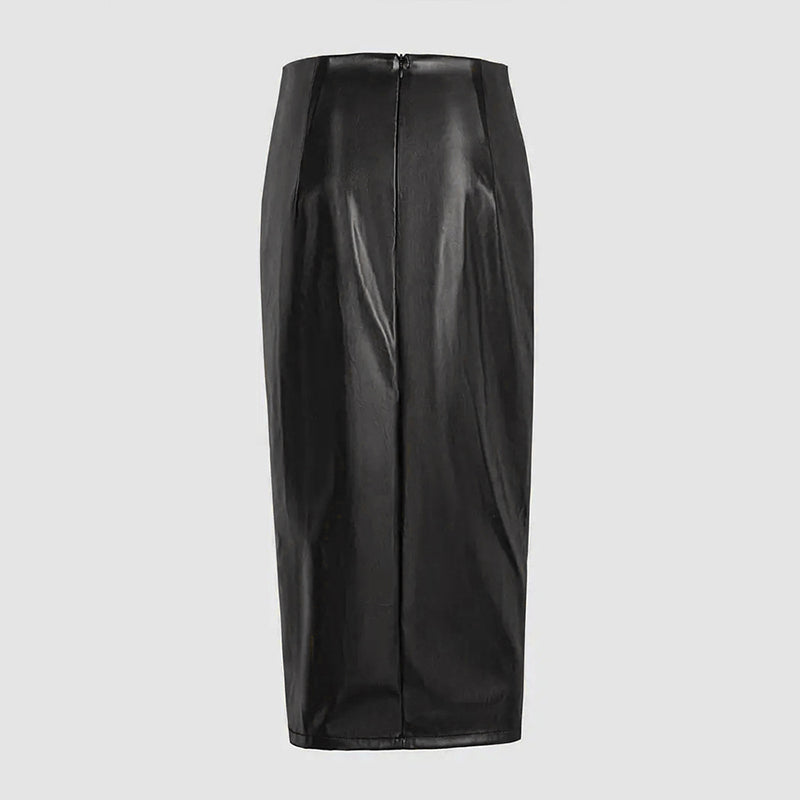 Women's Solid Color PU Leather Pencil Skirt, Drawstring Waist Bodycon Midi Skirt With Slit Hem (See size chart where applicable)