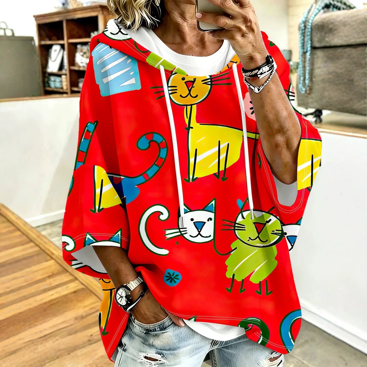 Cartoon Cat Print Hoodie with 3/4 Sleeves & Drawstring