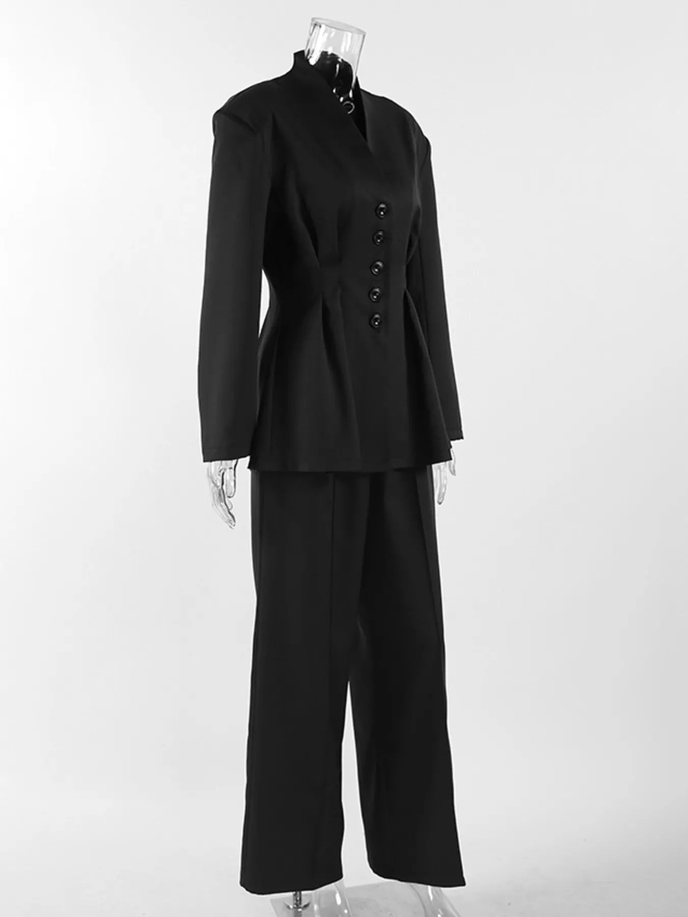 Chic Button Down Pleated Blazer and Wide-Leg Pants Suit Set