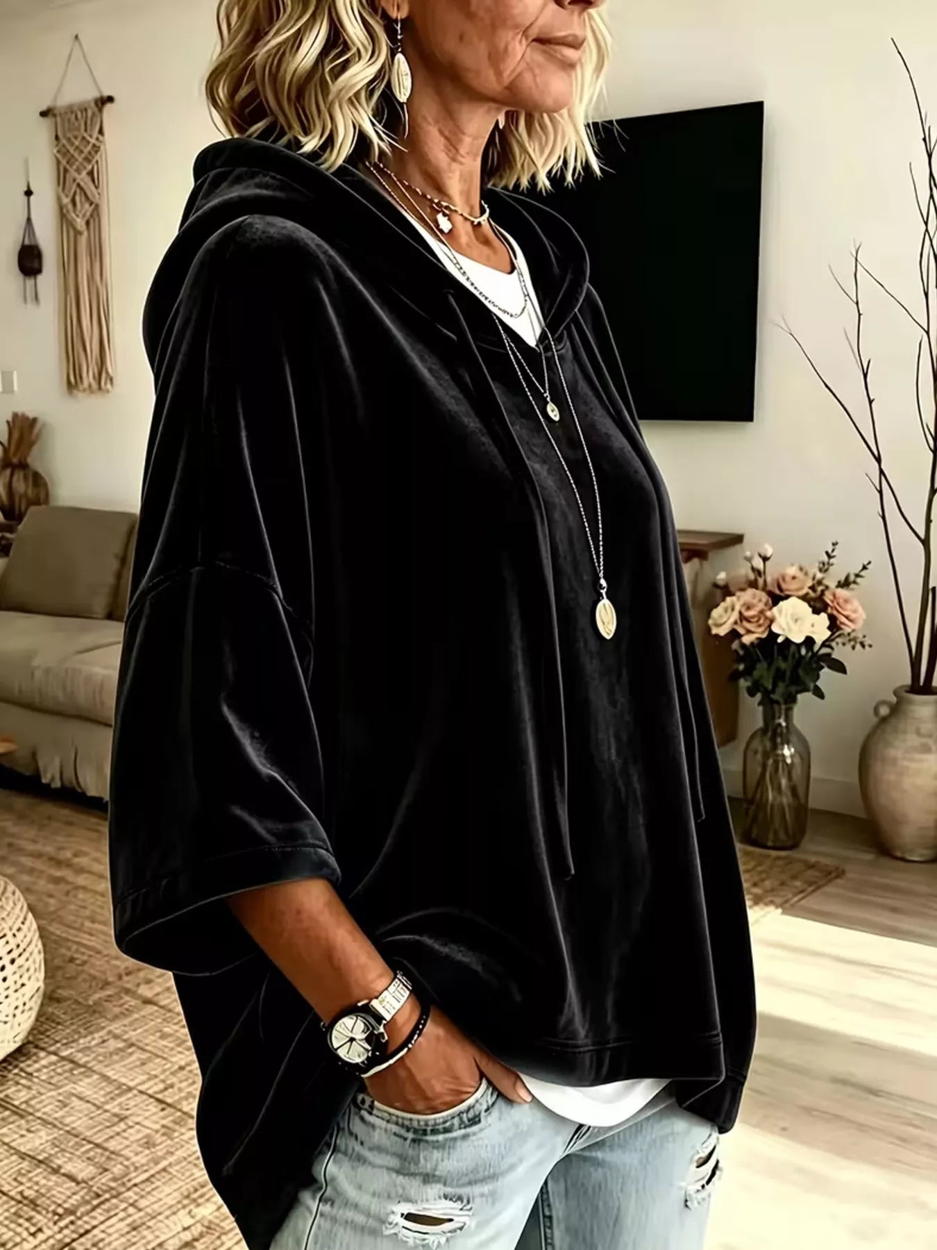 Velvet Loose Fit Hoodie with Drawstring