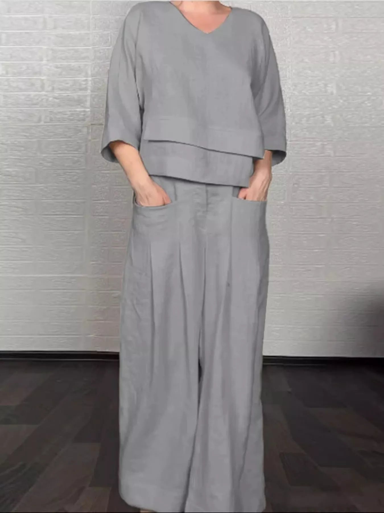 Full Size V-Neck Long Sleeve Top and Pants Set Plus Size